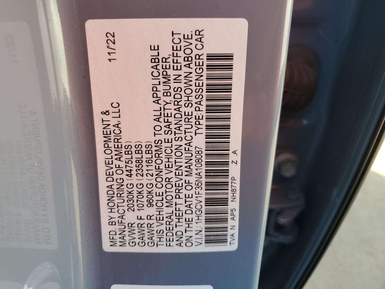 2022 HONDA ACCORD SPORT VIN:1HGCV1F35NA108087