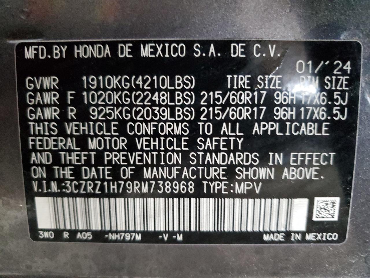 2024 HONDA HR-V EXL VIN:3CZRZ1H79RM738968
