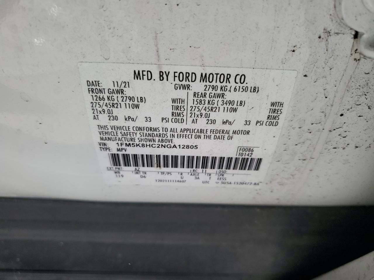 2022 FORD EXPLORER PLATINUM VIN:1FM5K8HC2NGA12805