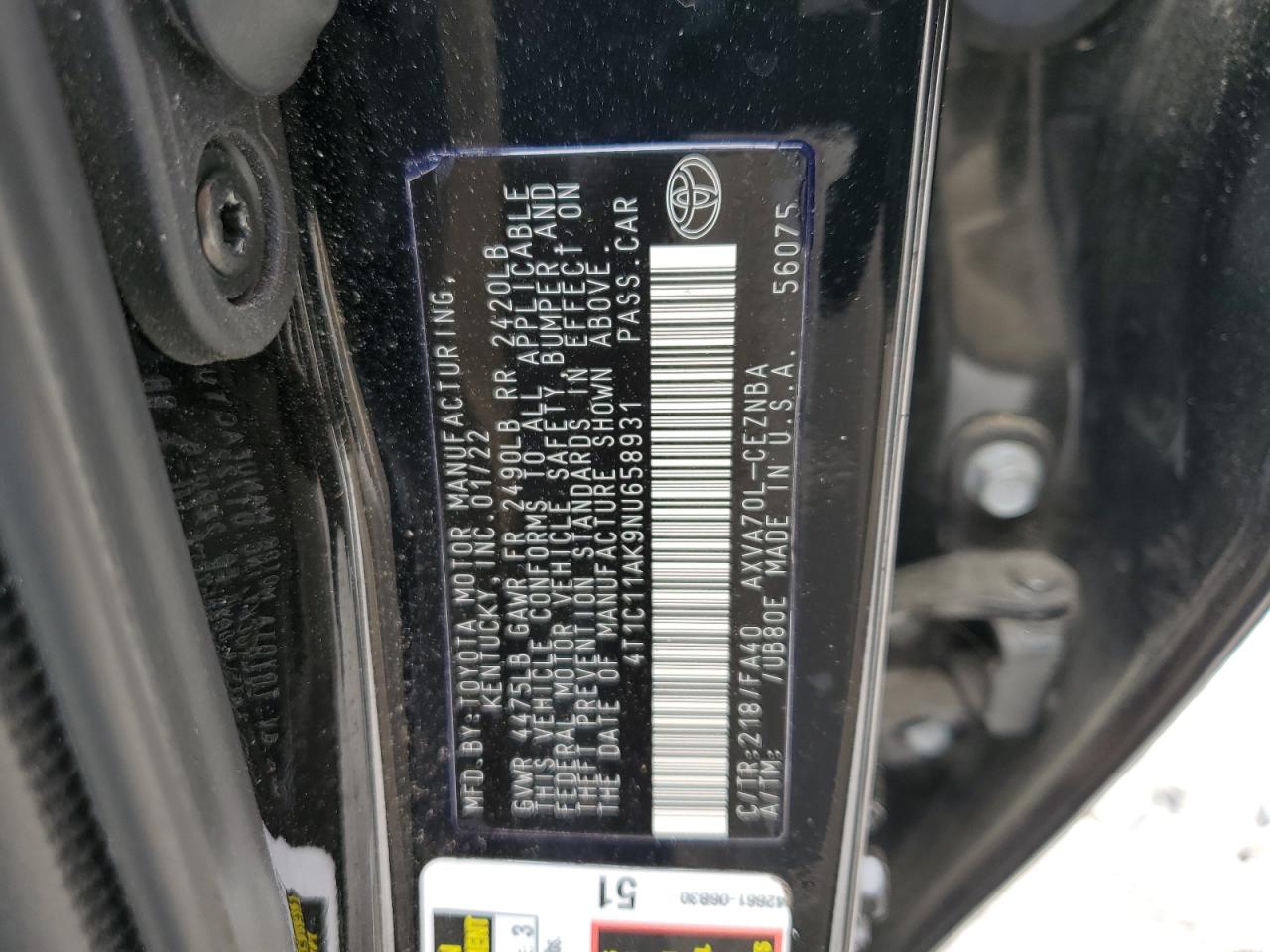 2022 TOYOTA CAMRY LE VIN:4T1C11AK9NU658931