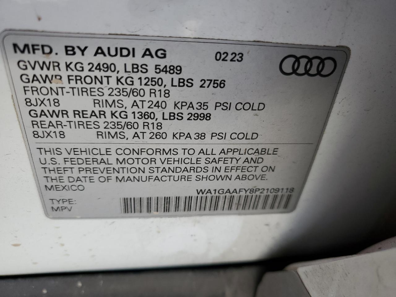 2023 AUDI Q5 PREMIUM 45 VIN:WA1GAAFY8P2109118