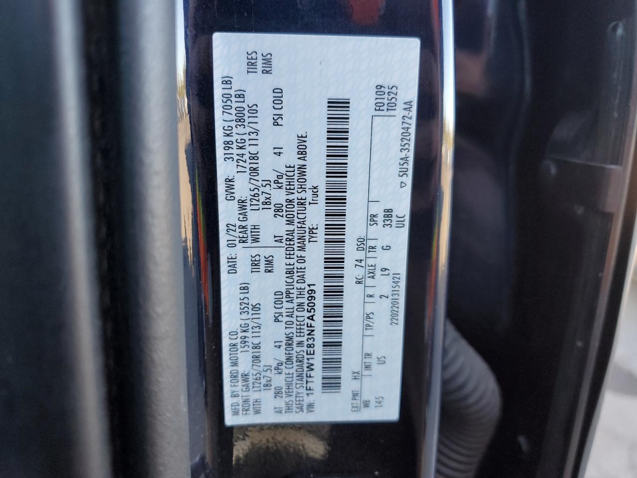 2022 FORD F150 SUPERCREW VIN:1FTFW1E83NFA50991