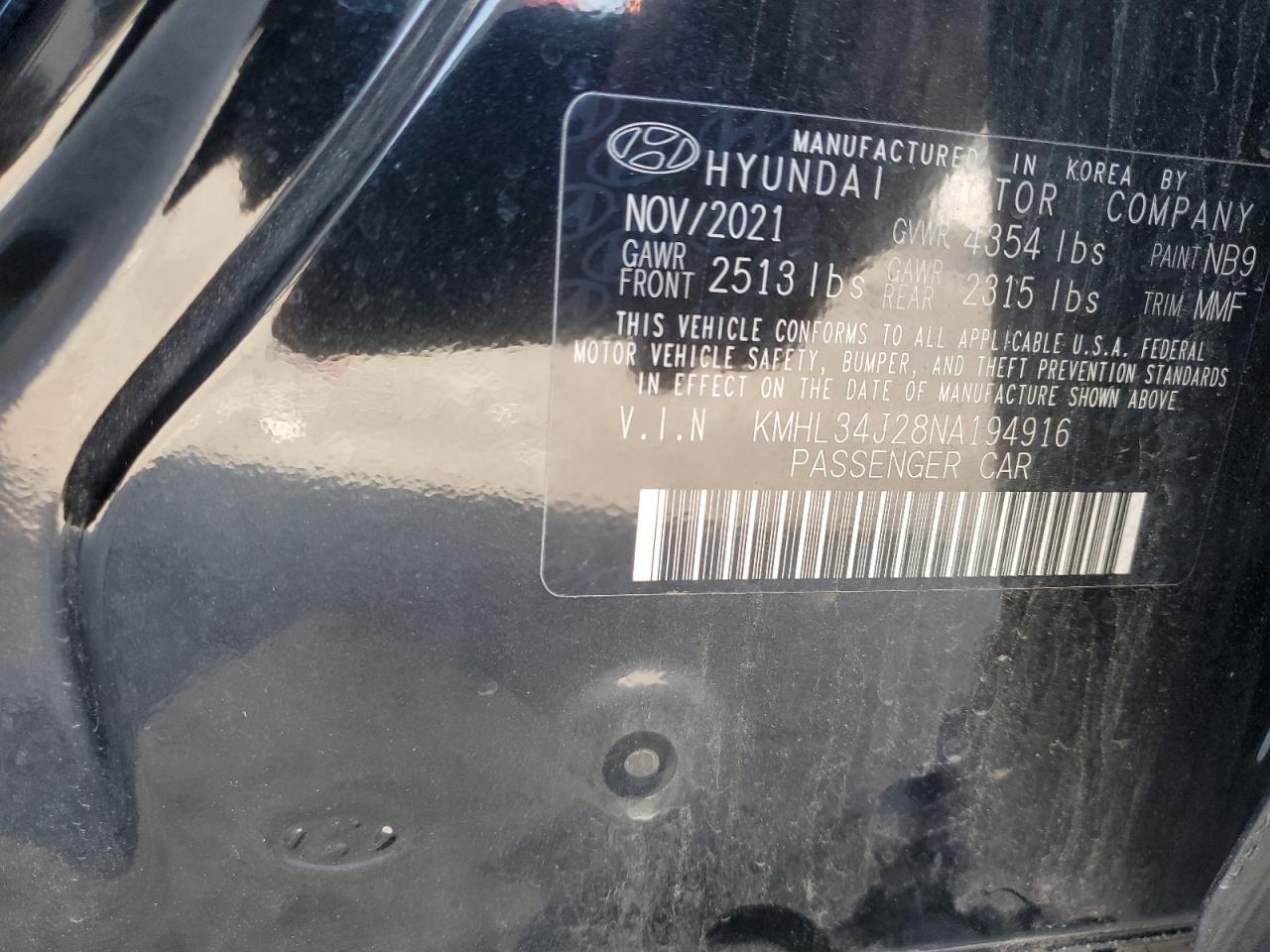2022 HYUNDAI SONATA LIMITED VIN:KMHL34J28NA194916