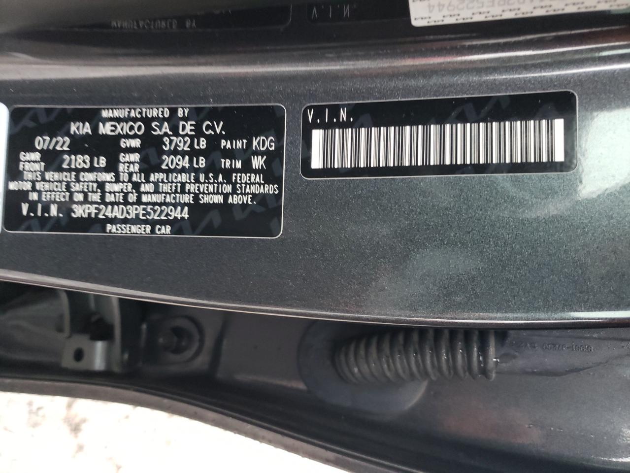 2023 KIA FORTE LX VIN:3KPF24AD3PE522944