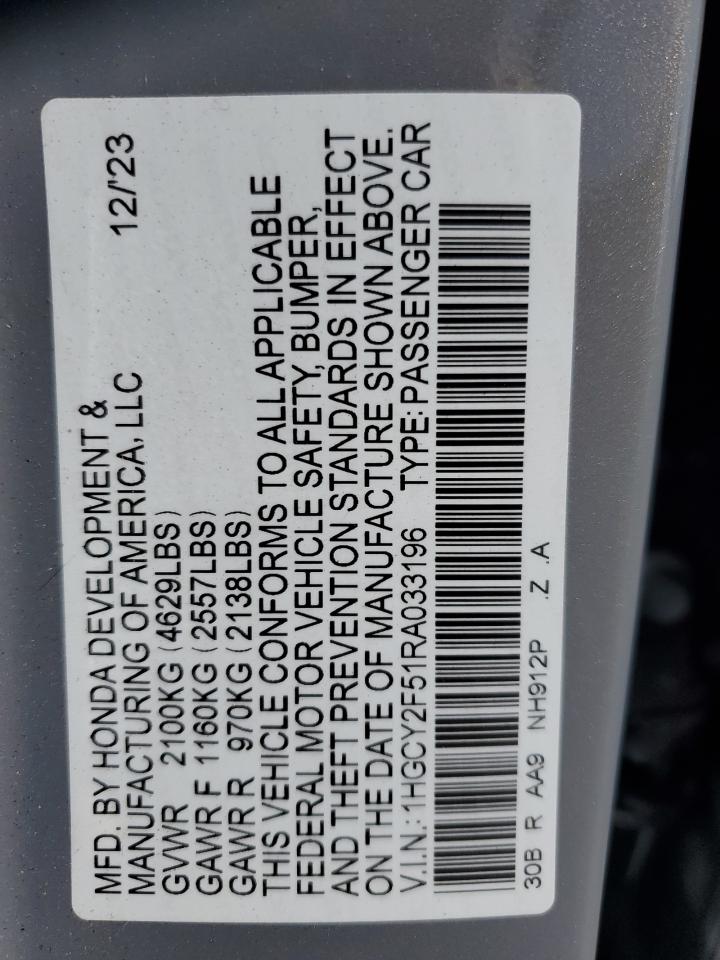 2024 HONDA ACCORD HYBRID SPORT VIN:1HGCY2F51RA033196