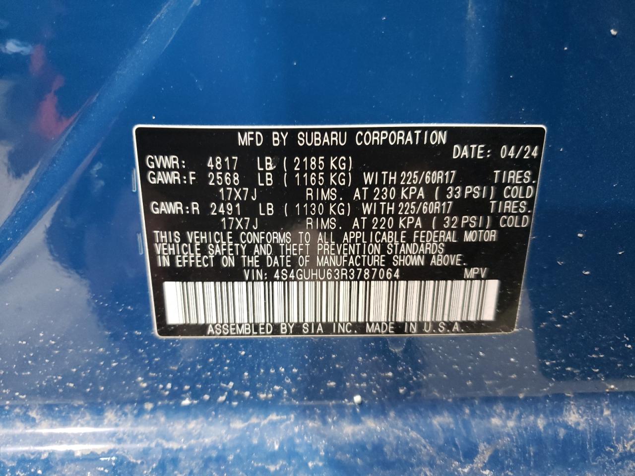 2024 SUBARU CROSSTREK WILDERNESS VIN:4S4GUHU63R3787064