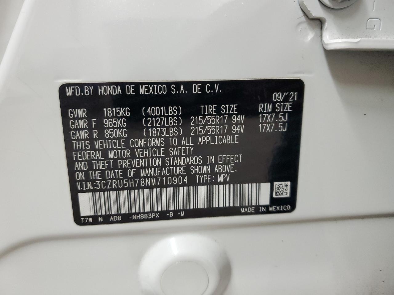 2022 HONDA HR-V EXL VIN:3CZRU5H78NM710904