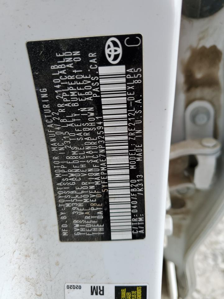 2022 TOYOTA COROLLA LE VIN:5YFEPMAE7NP325941