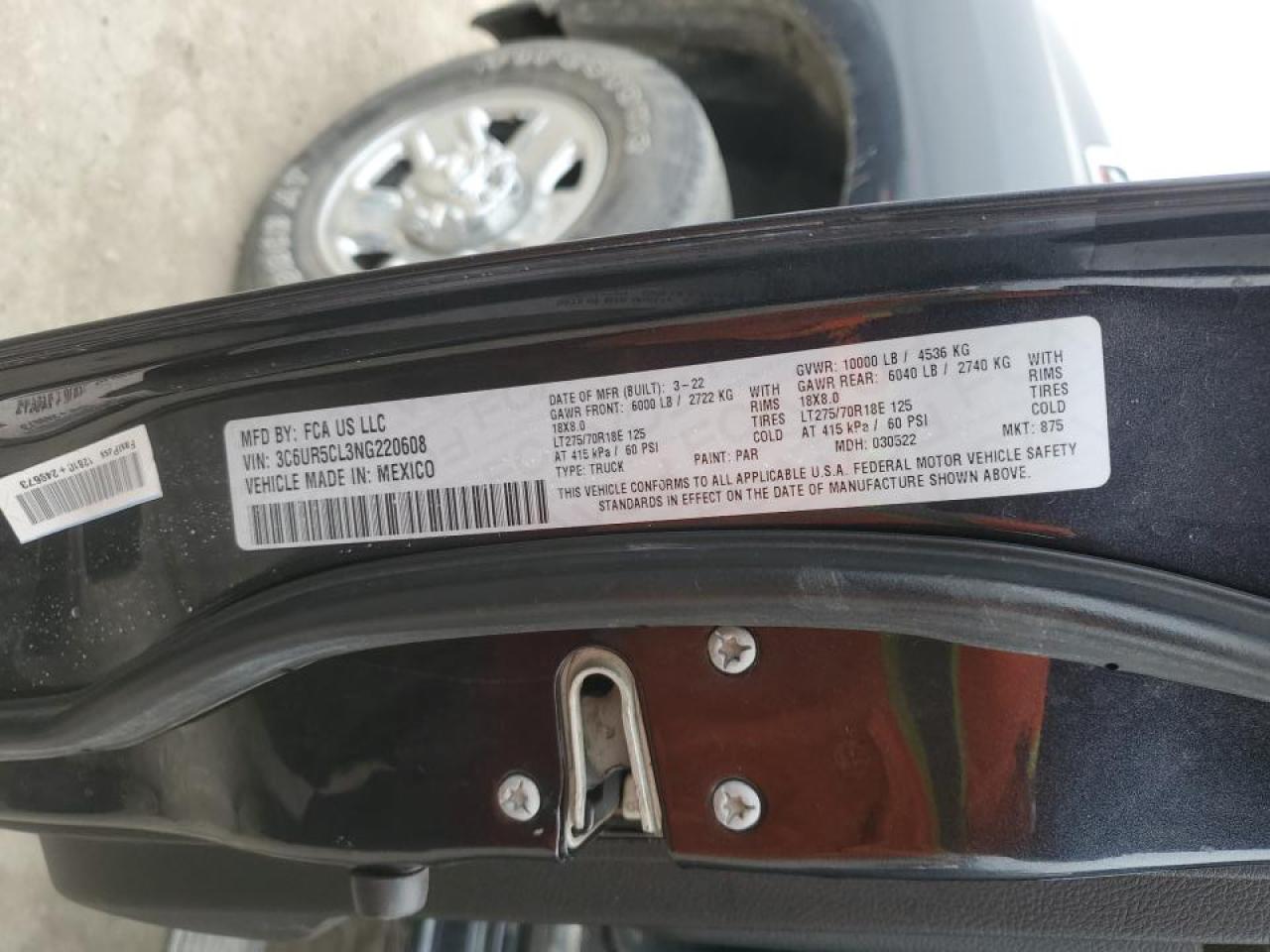 2022 RAM 2500 TRADESMAN VIN:3C6UR5CL3NG220608