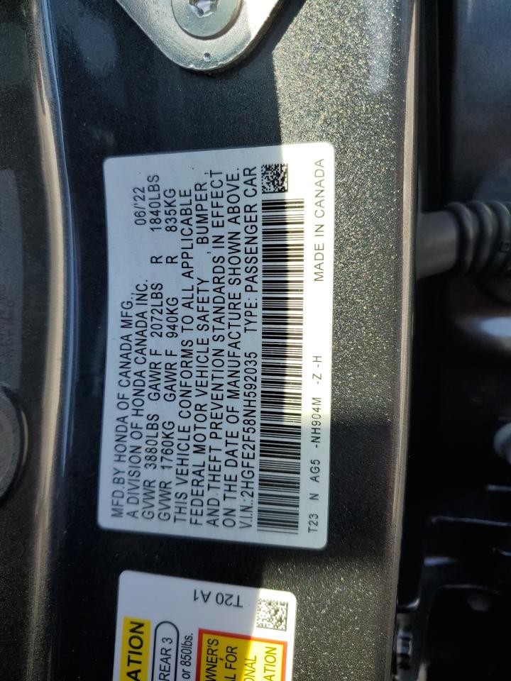 2022 HONDA CIVIC SPORT VIN:2HGFE2F58NH592035