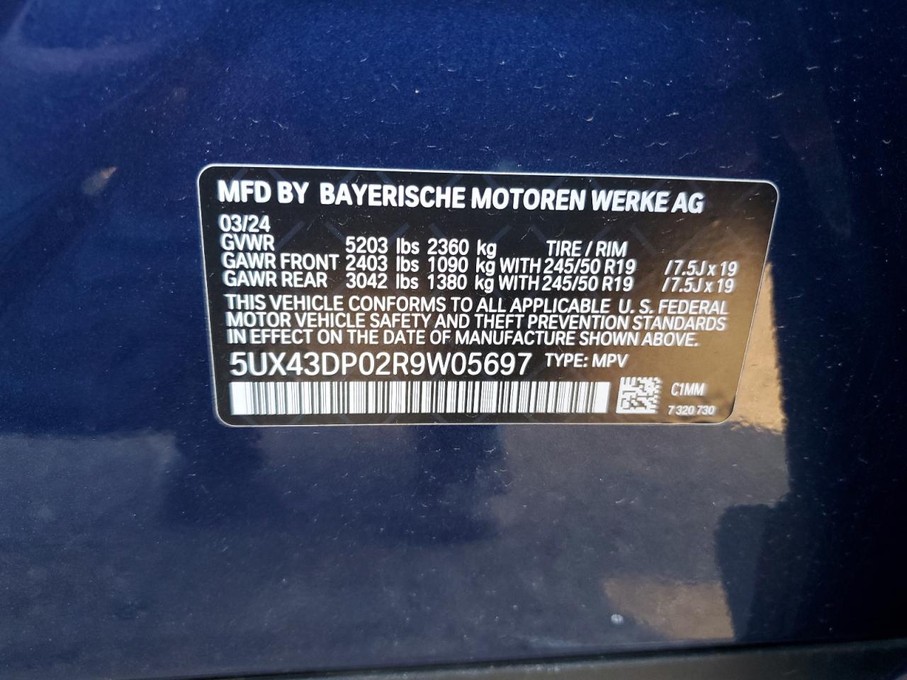 2024 BMW X3 SDRIVE30I VIN:5UX43DP02R9W05697