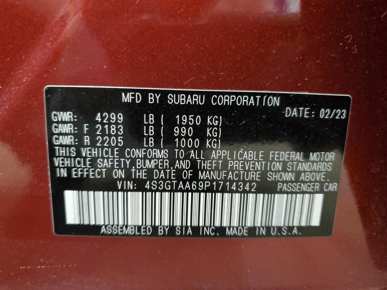 2023 SUBARU IMPREZA  VIN:4S3GTAA69P1714342