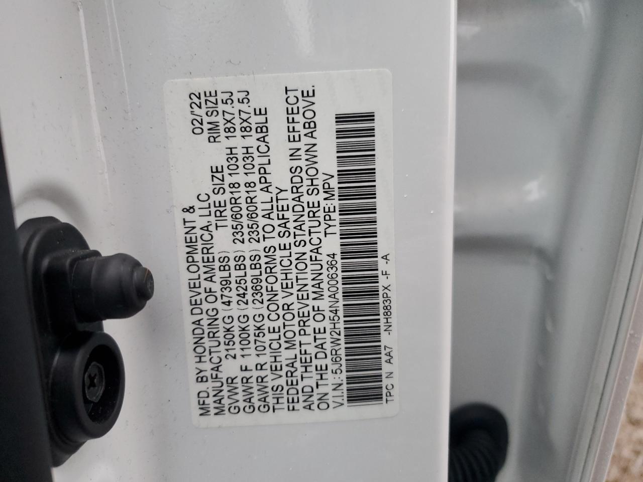 2022 HONDA CR-V EX VIN:5J6RW2H54NA006364