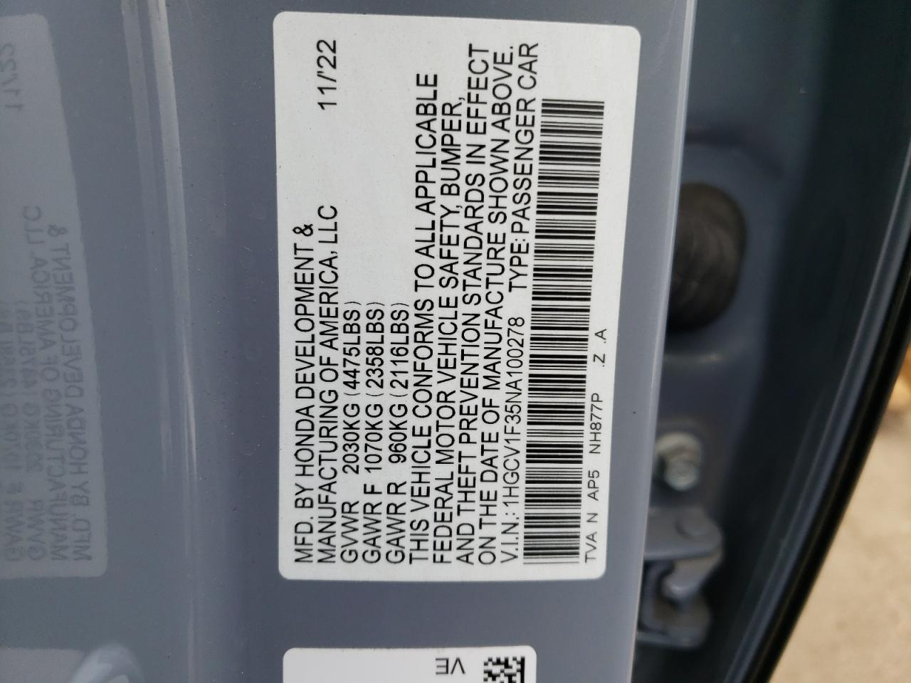 2022 HONDA ACCORD SPORT VIN:1HGCV1F35NA100278