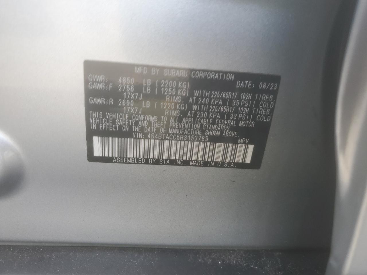 2024 SUBARU OUTBACK PREMIUM VIN:4S4BTACC5R3153783