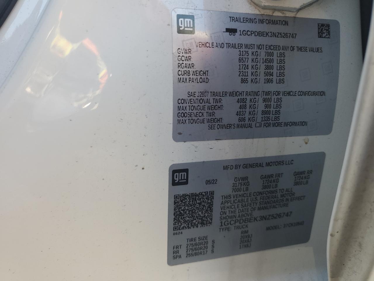 2022 CHEVROLET SILVERADO K1500 CUSTOM VIN:1GCPDBEK3NZ526747