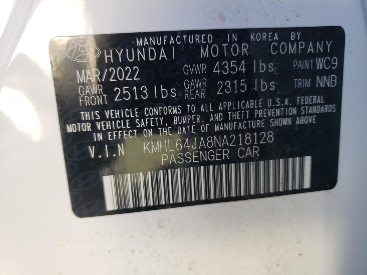 2022 HYUNDAI SONATA SEL VIN:KMHL64JA8NA218128