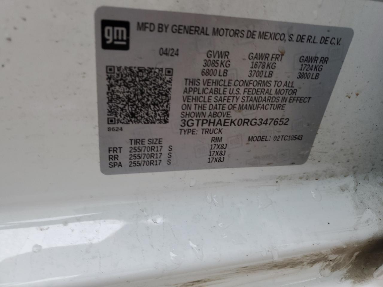 2024 GMC SIERRA C1500 VIN:3GTPHAEK0RG347652