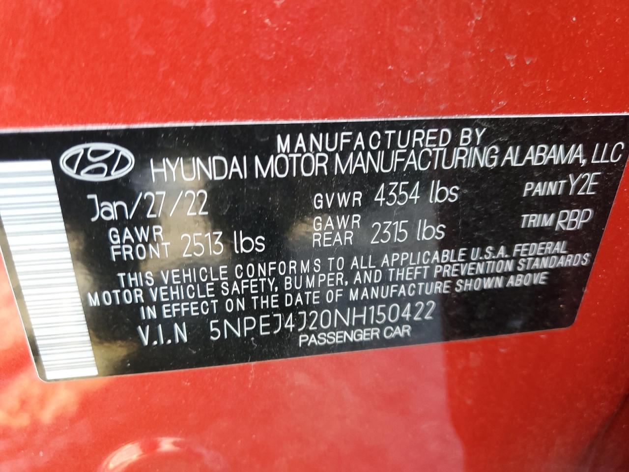 2022 HYUNDAI SONATA SEL PLUS VIN:5NPEJ4J20NH150422