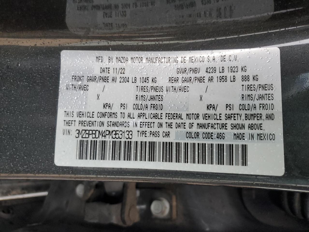2023 MAZDA 3 PREMIUM VIN:3MZBPBDM4PM353133