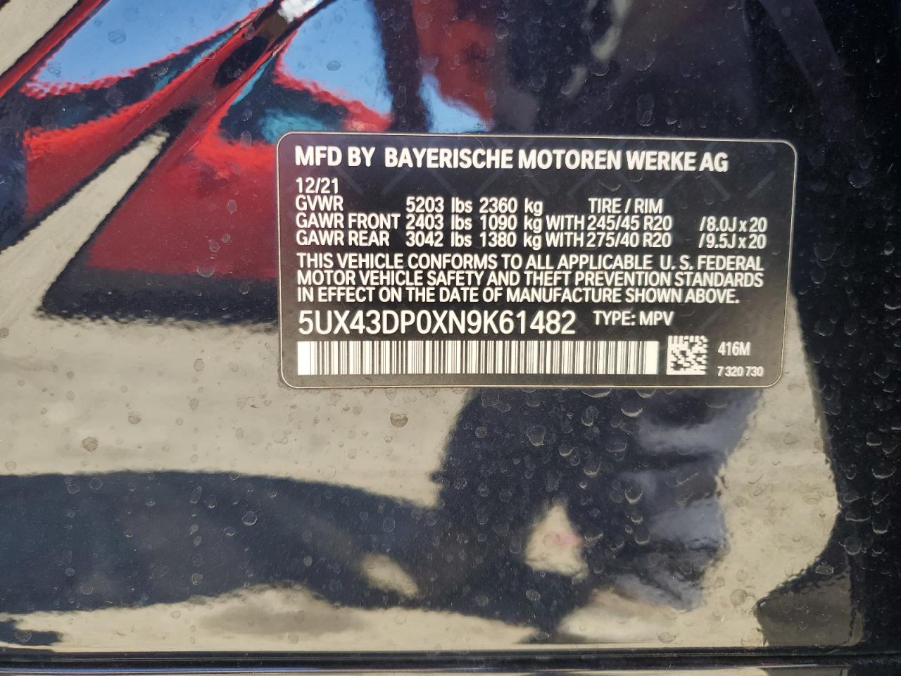 2022 BMW X3 SDRIVE30I VIN:5UX43DP0XN9K61482