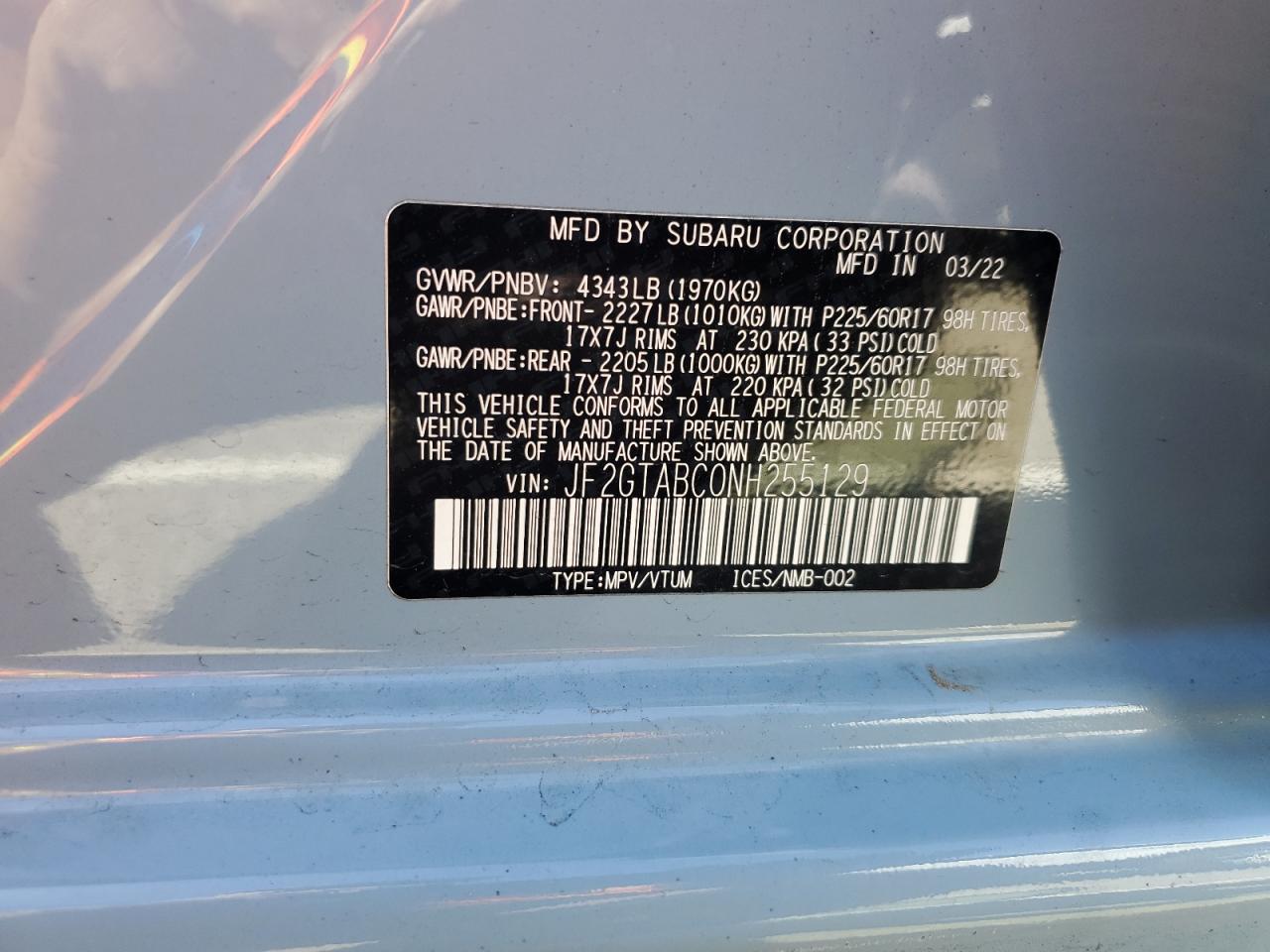 2022 SUBARU CROSSTREK  VIN:JF2GTABC0NH255129