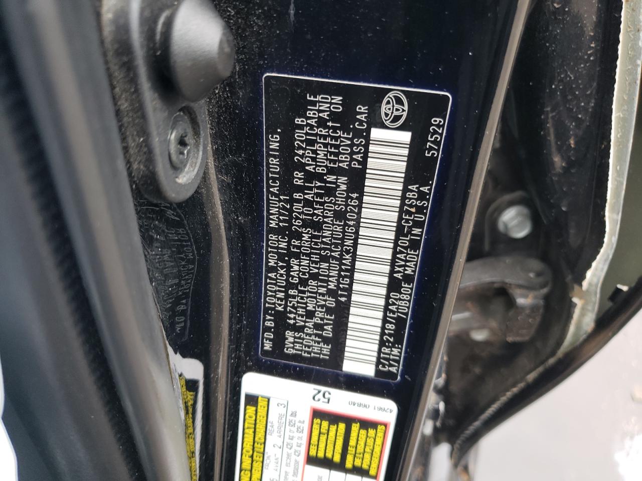 2022 TOYOTA CAMRY SE VIN:4T1G11AK3NU640264