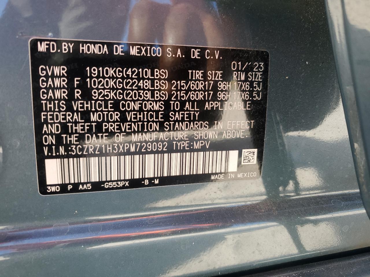 2023 HONDA HR-V LX VIN:3CZRZ1H3XPM729092