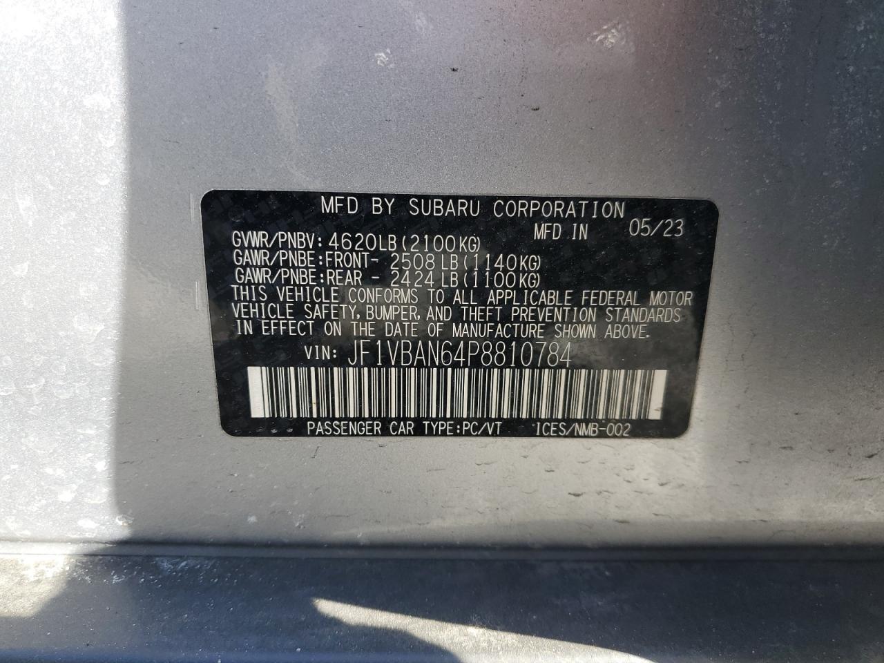 2023 SUBARU WRX LIMITED VIN:JF1VBAN64P8810784