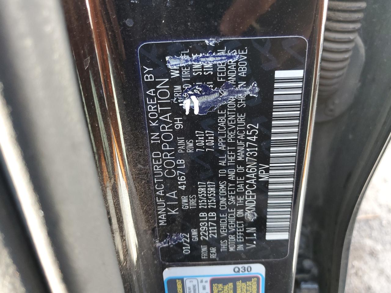 2022 KIA SELTOS LX VIN:KNDEPCAA6N7317452