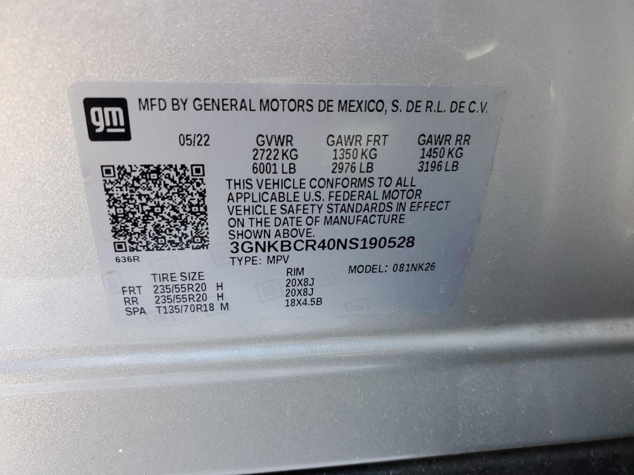 2022 CHEVROLET BLAZER 2LT VIN:3GNKBCR40NS190528