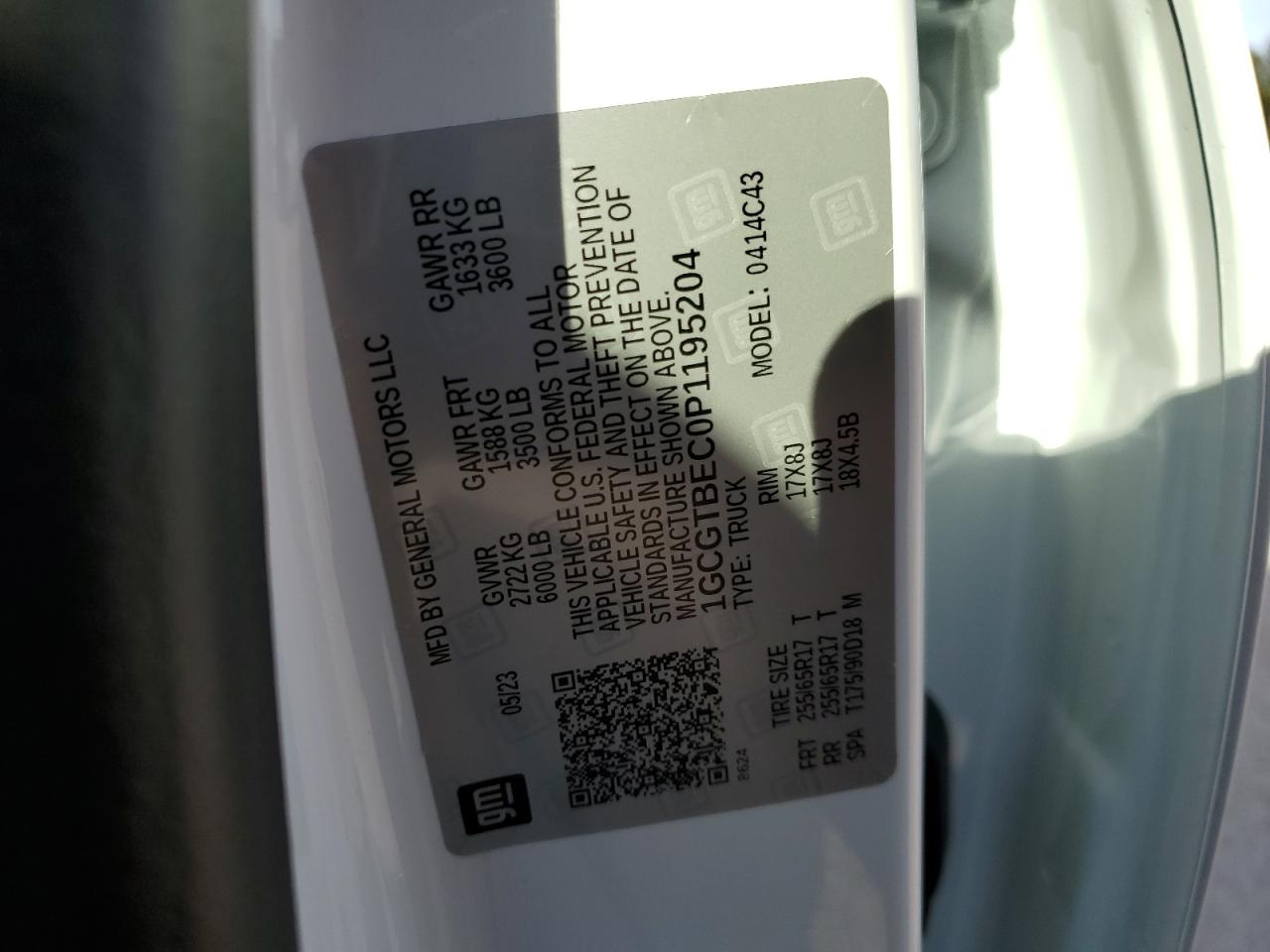 2023 CHEVROLET COLORADO  VIN:1GCGTBEC0P1195204