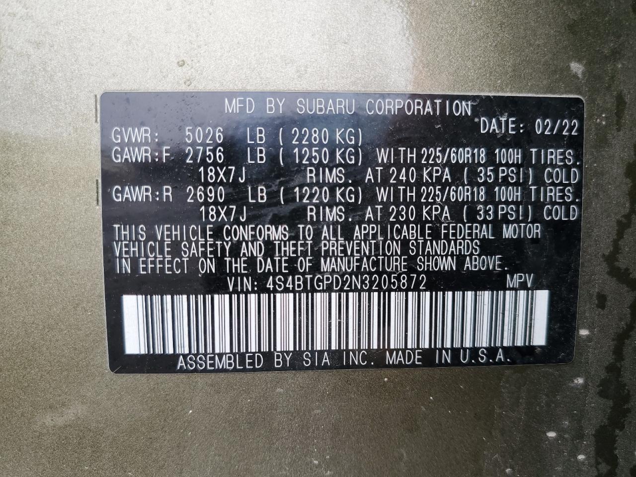 2022 SUBARU OUTBACK TOURING VIN:4S4BTGPD2N3205872