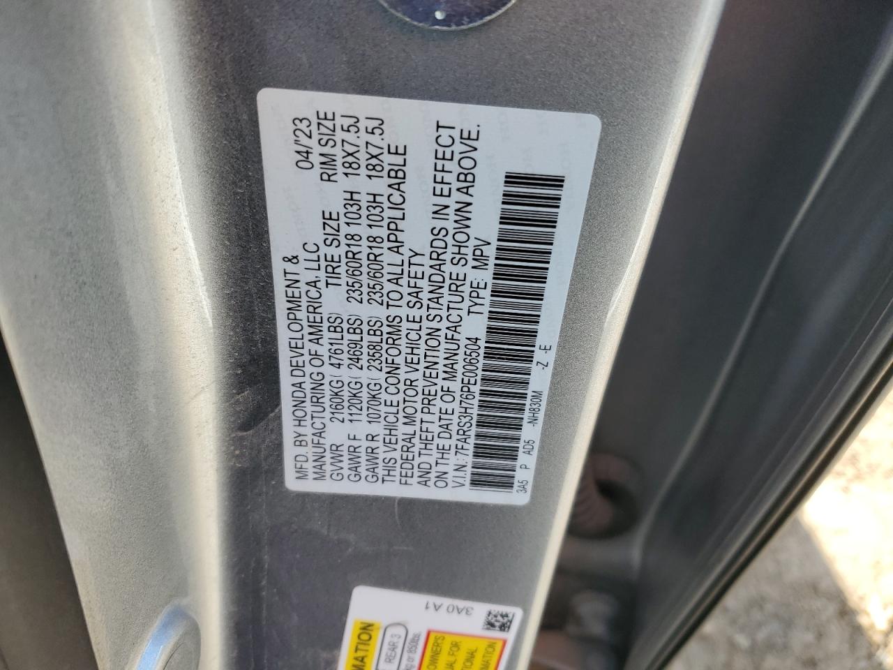 2023 HONDA CR-V EXL VIN:7FARS3H76PE006504