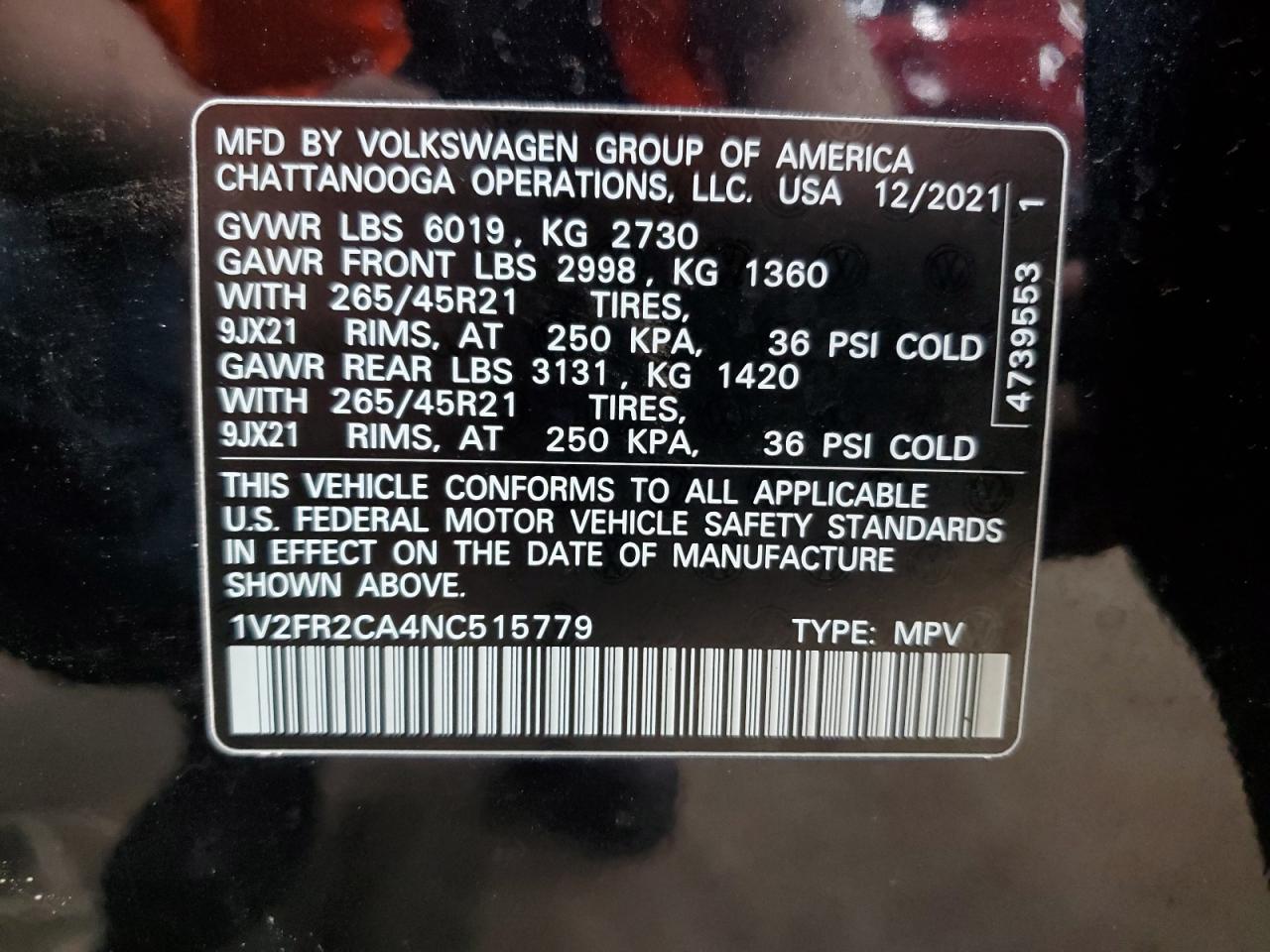 2022 VOLKSWAGEN ATLAS SEL PREMIUM R-LINE VIN:1V2FR2CA4NC515779