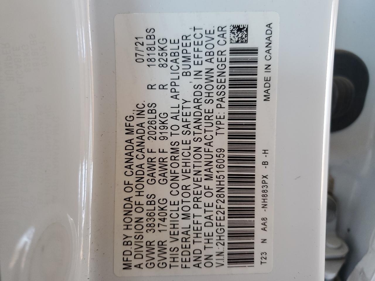 2022 HONDA CIVIC LX VIN:2HGFE2F28NH516059