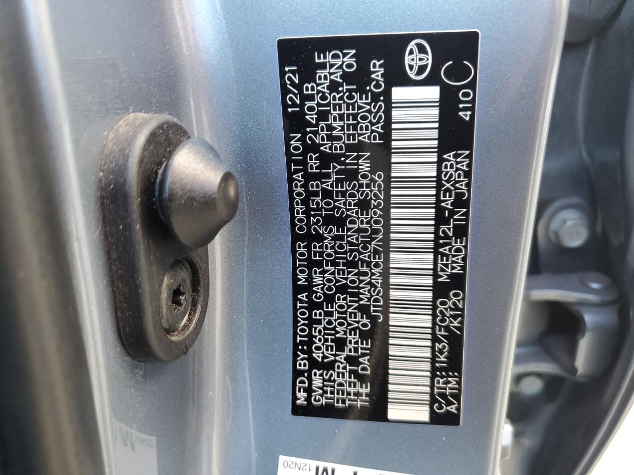 2022 TOYOTA COROLLA SE VIN:JTDS4MCE7NJ093256