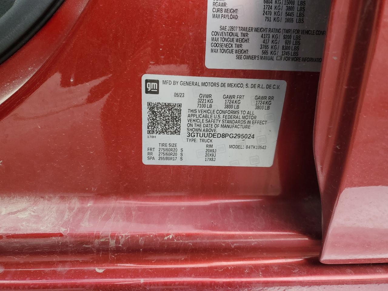 2023 GMC SIERRA K1500 SLT VIN:3GTUUDED8PG295024