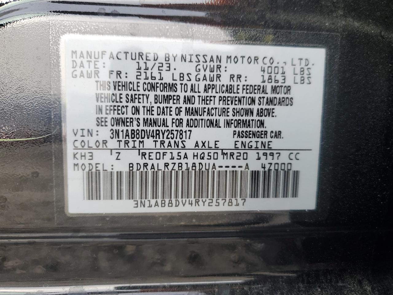 2024 NISSAN SENTRA SR VIN:3N1AB8DV4RY257817