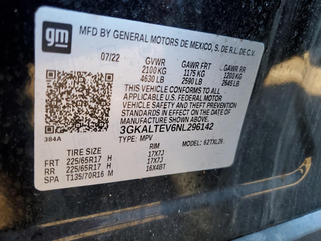 2022 GMC TERRAIN SLE VIN:3GKALTEV6NL296142