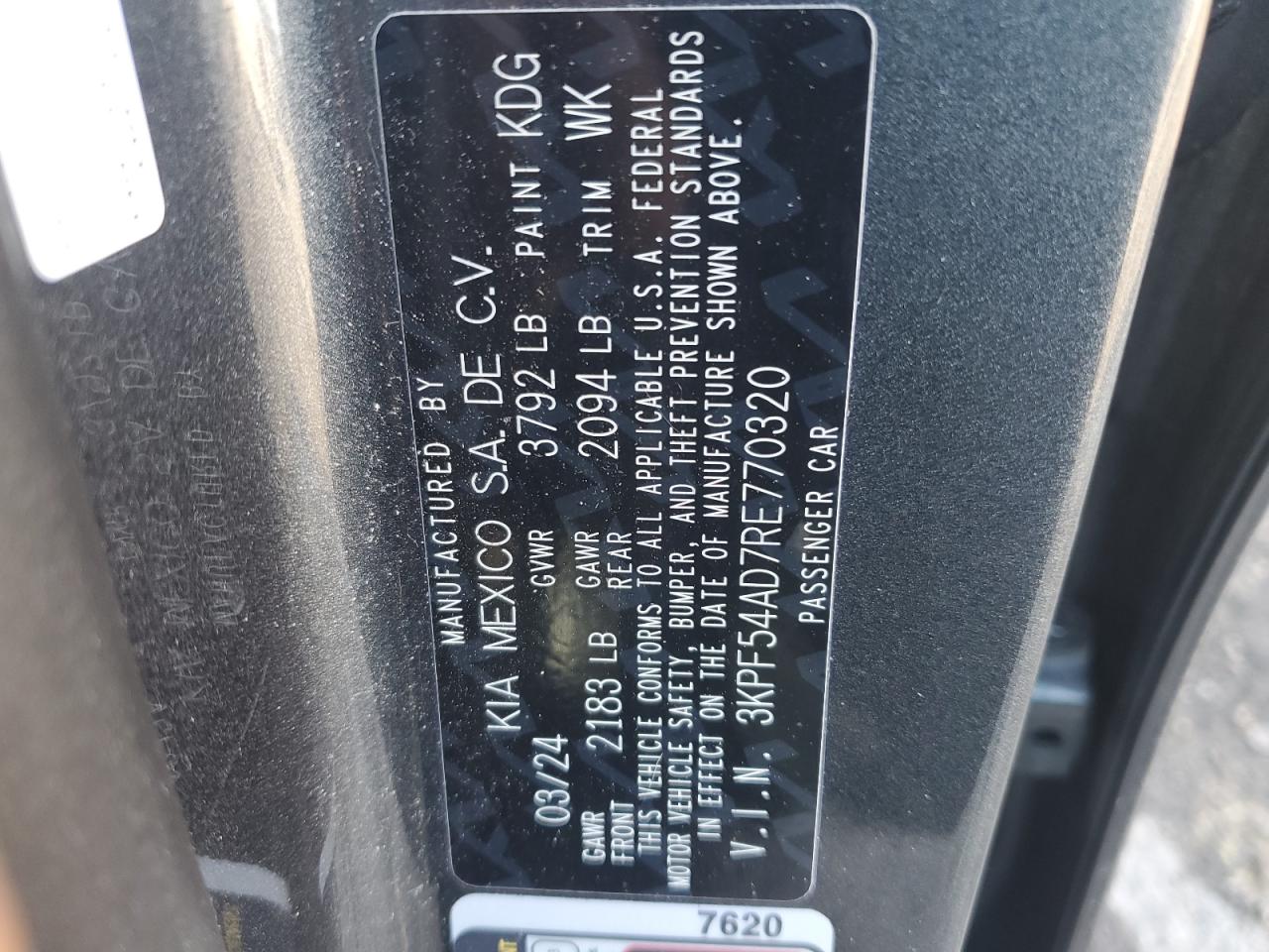 2024 KIA FORTE GT LINE VIN:3KPF54AD7RE770320