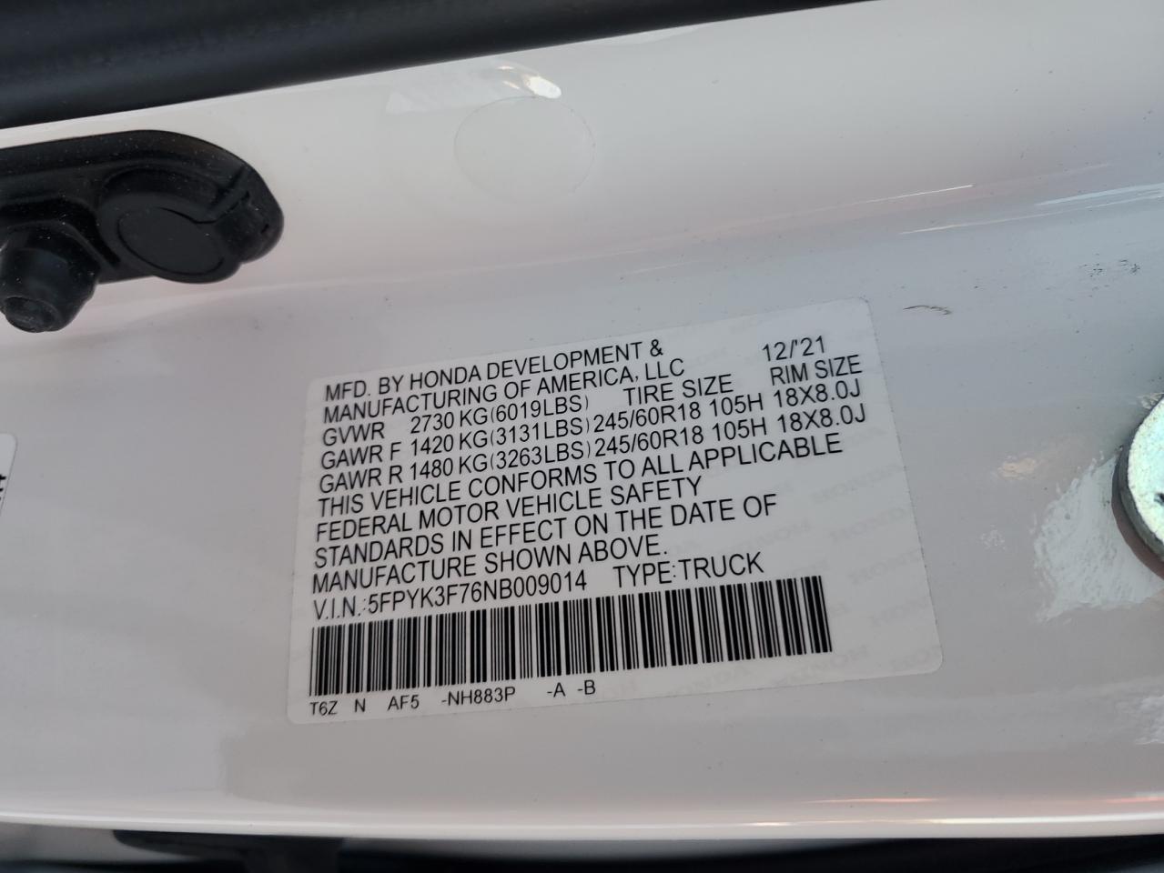 2022 HONDA RIDGELINE RTL VIN:5FPYK3F76NB009014