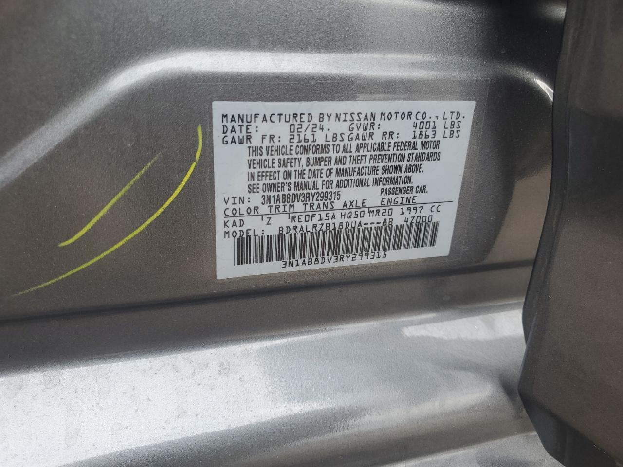 2024 NISSAN SENTRA SR VIN:3N1AB8DV3RY299315