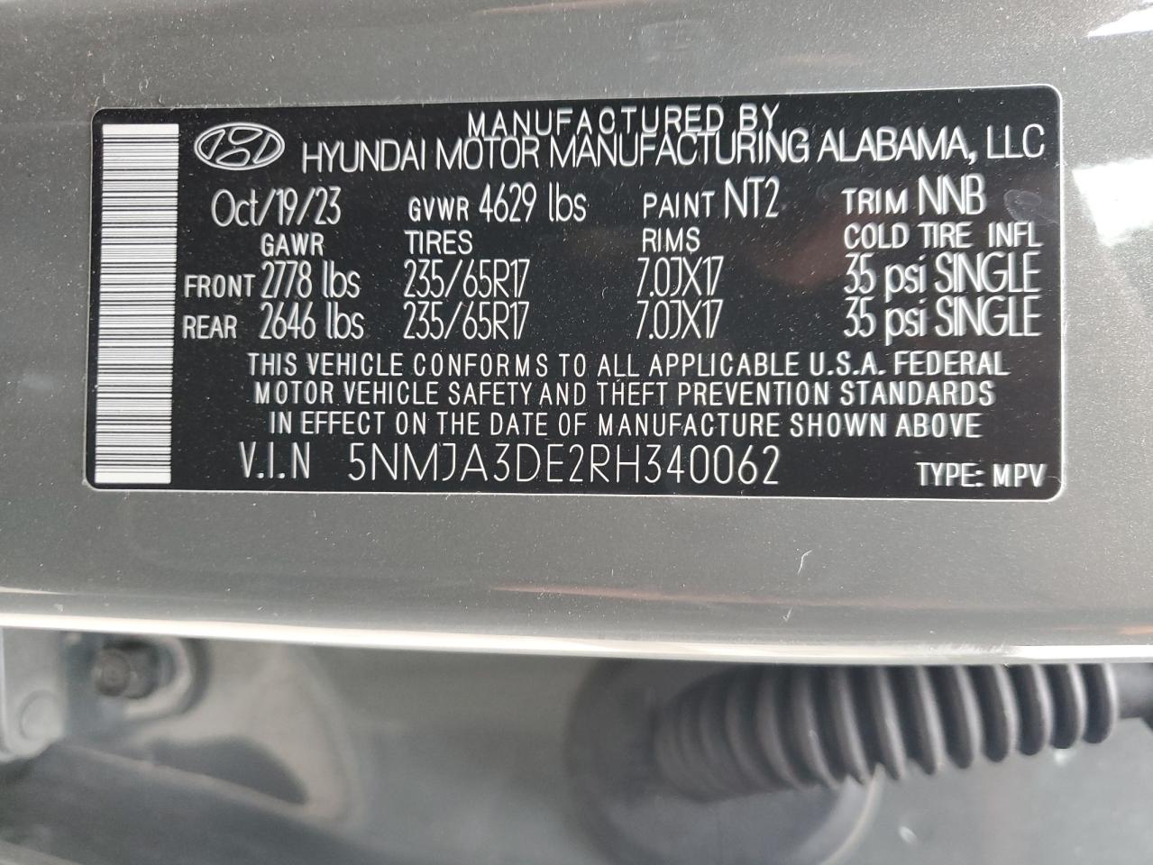 2024 HYUNDAI TUCSON SE VIN:5NMJA3DE2RH340062