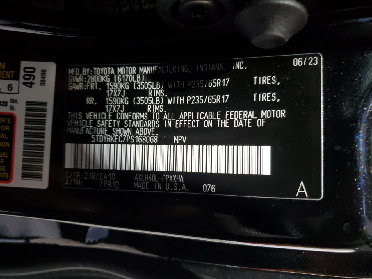 2023 TOYOTA SIENNA XLE VIN:5TDYRKEC7PS168068