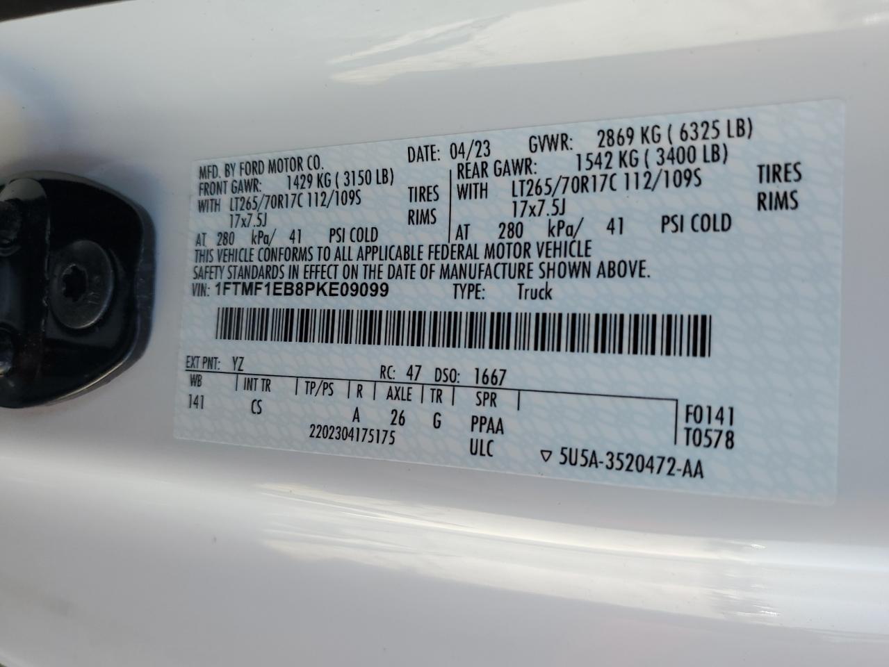 2023 FORD F150  VIN:1FTMF1EB8PKE09099