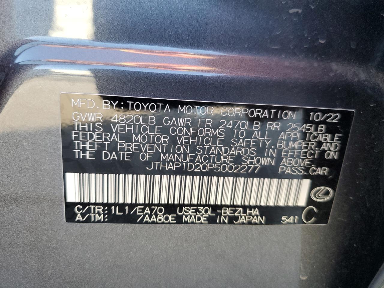 2023 LEXUS IS 500 F SPORT VIN:JTHAP1D20P5002277