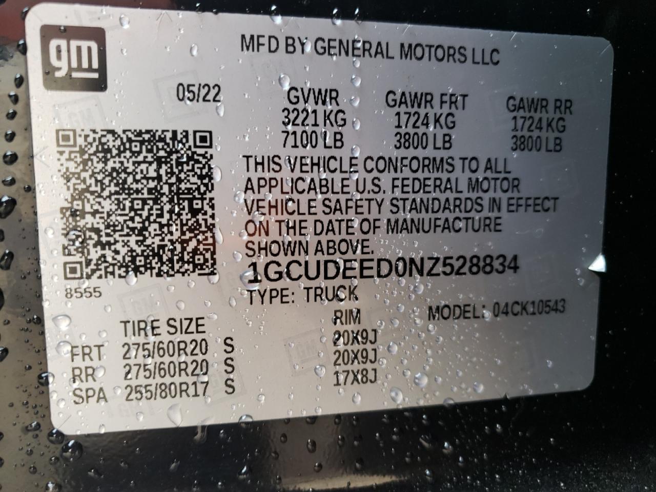 2022 CHEVROLET SILVERADO K1500 RST VIN:1GCUDEED0NZ528834