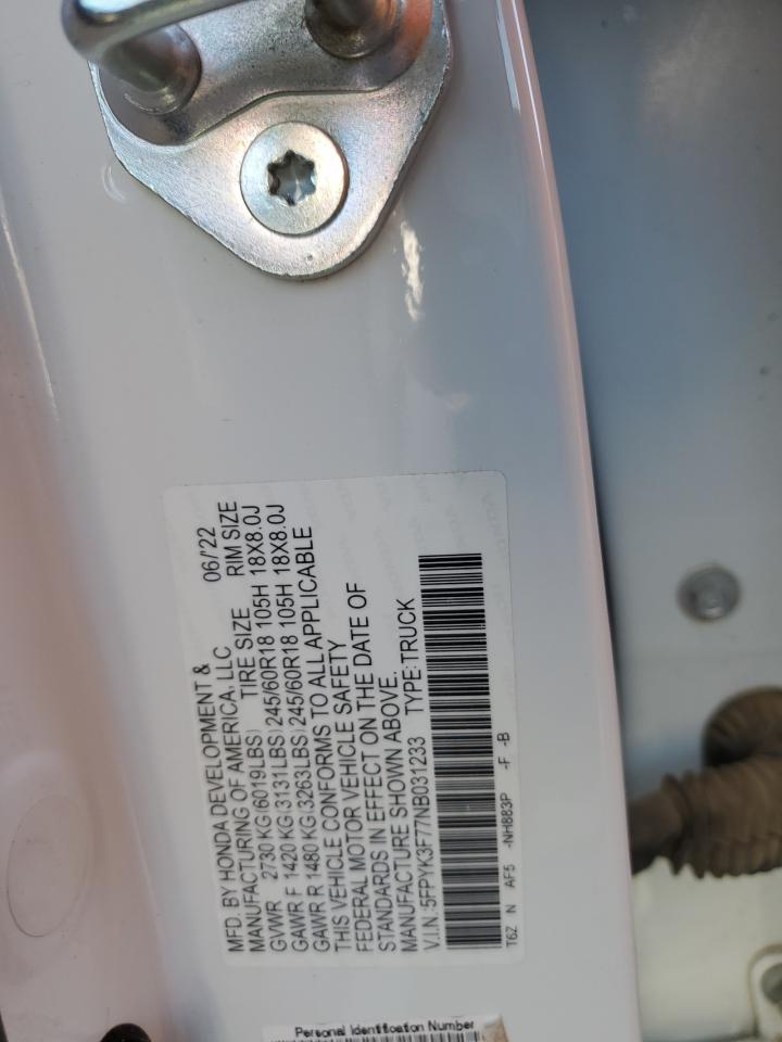 2022 HONDA RIDGELINE RTL VIN:5FPYK3F77NB031233