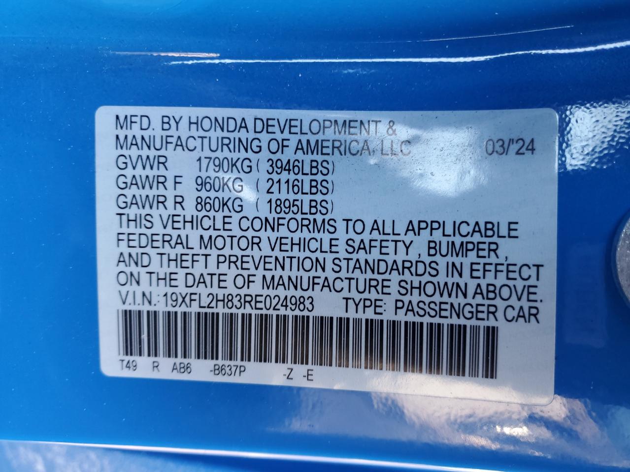 2024 HONDA CIVIC SPORT VIN:19XFL2H83RE024983